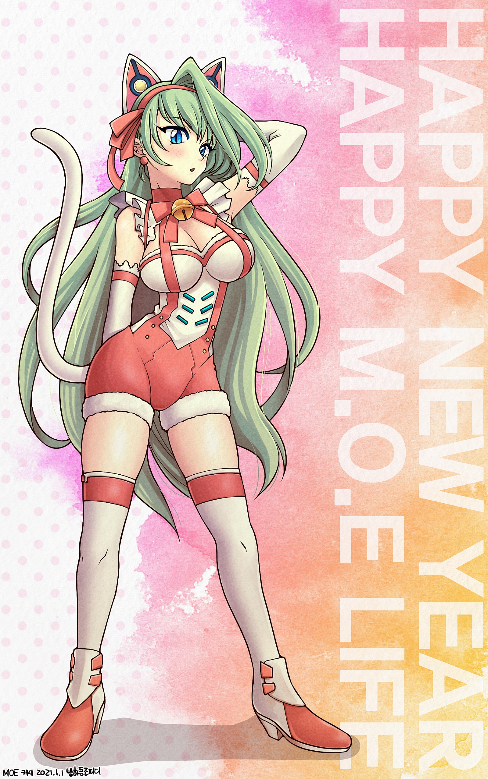 1girl absurdres animal_ear_hairband animal_ears arm_behind_head arm_up artist_name banghwadongjopidi bell blue_eyes blush boots bow bowtie breasts cassie_(master_of_eternity) cat_ear_hairband cat_ears cat_tail character_name cleavage commentary_request contrapposto copyright_name dated detached_sleeves earrings english_text fake_animal_ears fake_tail green_hair hairband happy_new_year high_heels highres jewelry jingle_bell korean_commentary large_breasts long_hair looking_at_viewer master_of_eternity neck_ribbon new_year parted_lips partial_commentary pink_bow pink_hairband polka_dot polka_dot_background ribbon solo tail thigh_boots very_long_hair white_boots white_sleeves white_tail