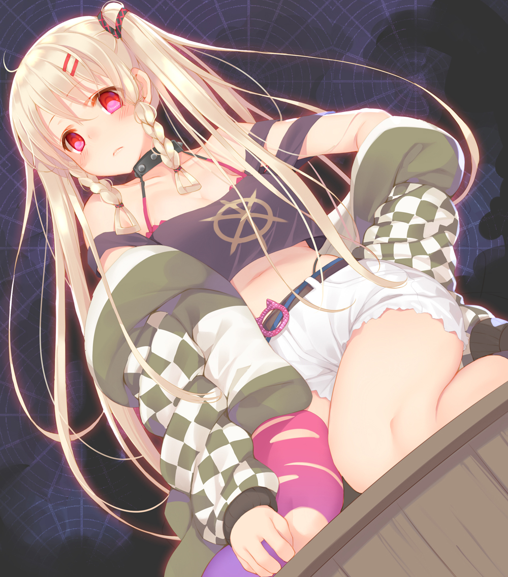 1girl ahoge asymmetrical_legwear bare_shoulders belt black_shirt blonde_hair blush braid breasts cleavage closed_mouth collar collarbone crop_top crop_top_overhang dutch_angle feet_out_of_frame female_focus from_below gradient_legwear hair_ornament hairclip hand_on_own_hip highleg highleg_panties jacket kazuzu kneehighs kneeling long_hair looking_at_viewer medium_breasts midriff mismatched_legwear multicolored_clothes multicolored_legwear navel off_shoulder original panties pink_socks purple_socks red_eyes shirt short_shorts shorts side_braid sidelocks silk single_kneehigh single_sock single_thighhigh socks solo spider_web spider_web_background thighhighs torn_clothes torn_legwear twin_braids twintails underwear uneven_legwear very_long_hair white_shorts