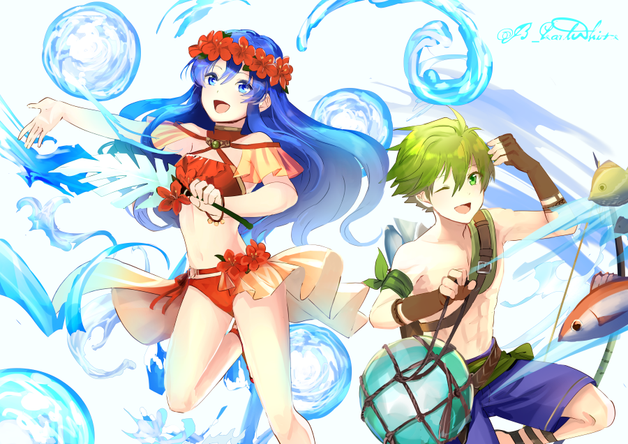 1boy 1girl bikini blue_eyes blue_hair bow_(weapon) breasts fire_emblem fire_emblem:_the_binding_blade fire_emblem_heroes fish flower green_eyes green_hair lilina_(fire_emblem) lilina_(summer)_(fire_emblem) navel nintendo open_mouth shoochiku_bai short_hair smile swimsuit water weapon wolt_(fire_emblem) wolt_(summer)_(fire_emblem)