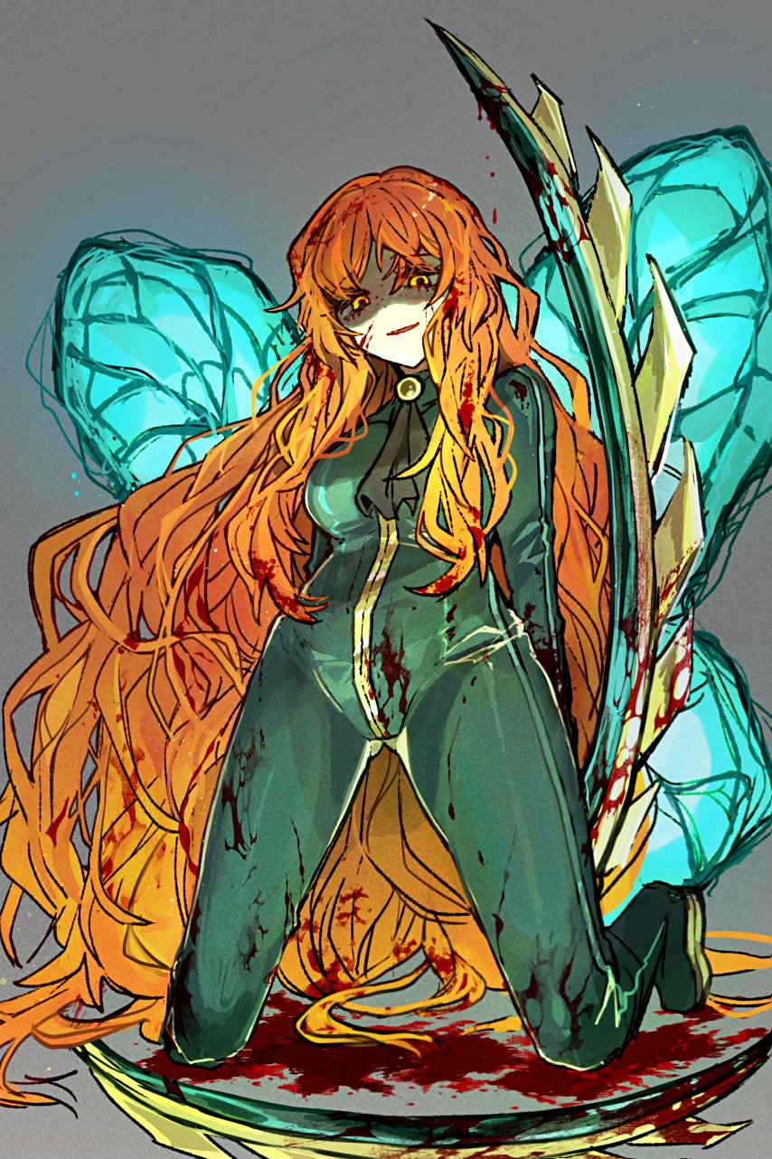1girl blood blood_in_hair blood_on_clothes blood_on_face blood_splatter bodysuit e.g.o_(project_moon) fairy fairy_wings full-length_zipper full_body green_bodysuit highres ishmael_(project_moon) limbus_company monster_girl official_alternate_costume orange_hair project_moon solo spikes wingbeat_(e.g.o) wings yellow_eyes yono_neie zipper