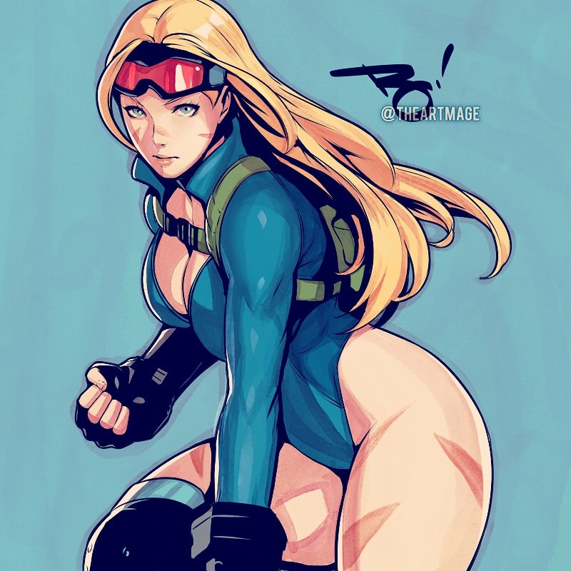 1girl alternate_hairstyle backpack bag black_gloves blonde_hair blue_eyes blue_leotard bodypaint breasts cammy_white cleavage clenched_hand commentary english_commentary facial_scar gloves goggles goggles_on_head hair_down highleg highleg_leotard knee_pads large_breasts leotard long_hair official_alternate_costume plunging_neckline popped_collar scar scar_on_cheek scar_on_face signature solo street_fighter street_fighter_v the_art_mage thong_leotard twitter_username vambraces wide_hips