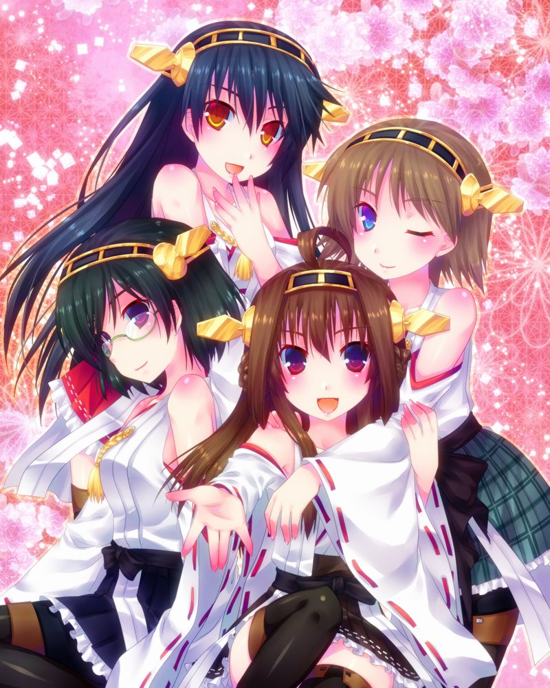 10s 4girls ahoge bad_id bad_pixiv_id black_hair blue_eyes brown_hair detached_sleeves door_to_heaven glasses hairband haruna_(kancolle) hiei_(kancolle) hug japanese_clothes kantai_collection kirishima_(kancolle) kongou_(kancolle) looking_at_viewer multiple_girls nontraditional_miko one_eye_closed open_mouth orange_eyes purple_eyes siblings sisters sitting smile thighhighs wide_sleeves