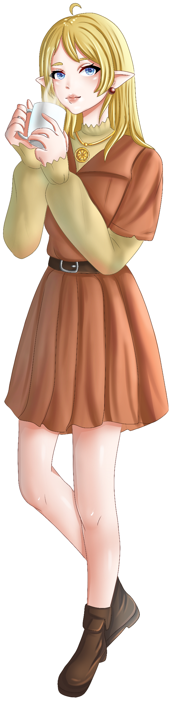 1girl absurdres ahoge belt blonde_hair blue_eyes boots brown_belt brown_dress coffee coffee_mug commission commissioner_upload cup dress earrings elf hair_behind_ear highres holding holding_coffee_mug holding_cup jewelry long_hair long_image long_sleeves looking_at_viewer lotte_farona mug necklace official_art pointy_ears polyaaaa smile solo sweater tall_image transparent_background ways_of_darkness_(series)