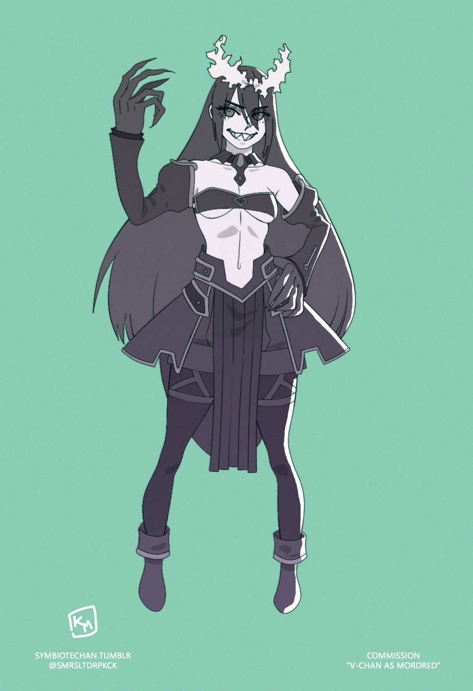 1girl artist_name black_boots black_bra black_hair black_legwear black_skirt boots bra breasts cleavage commission cosplay eyes_visible_through_hair fate/grand_order fate/stay_night fate_(series) female_focus full_body genderswap genderswap_(mtf) green_background hair_between_eyes highres humanization long_hair looking_at_viewer marvel monster_girl mordred_(fate) mordred_(fate)_(cosplay) mordred_(fate/apocrypha) pale_skin personification sharp_teeth simple_background skirt smile solo somersaultdropkick spider-man_(series) standing stomach symbiote teeth tumblr twitter underboob underwear venom_(marvel) very_long_hair watermark web_address yandere