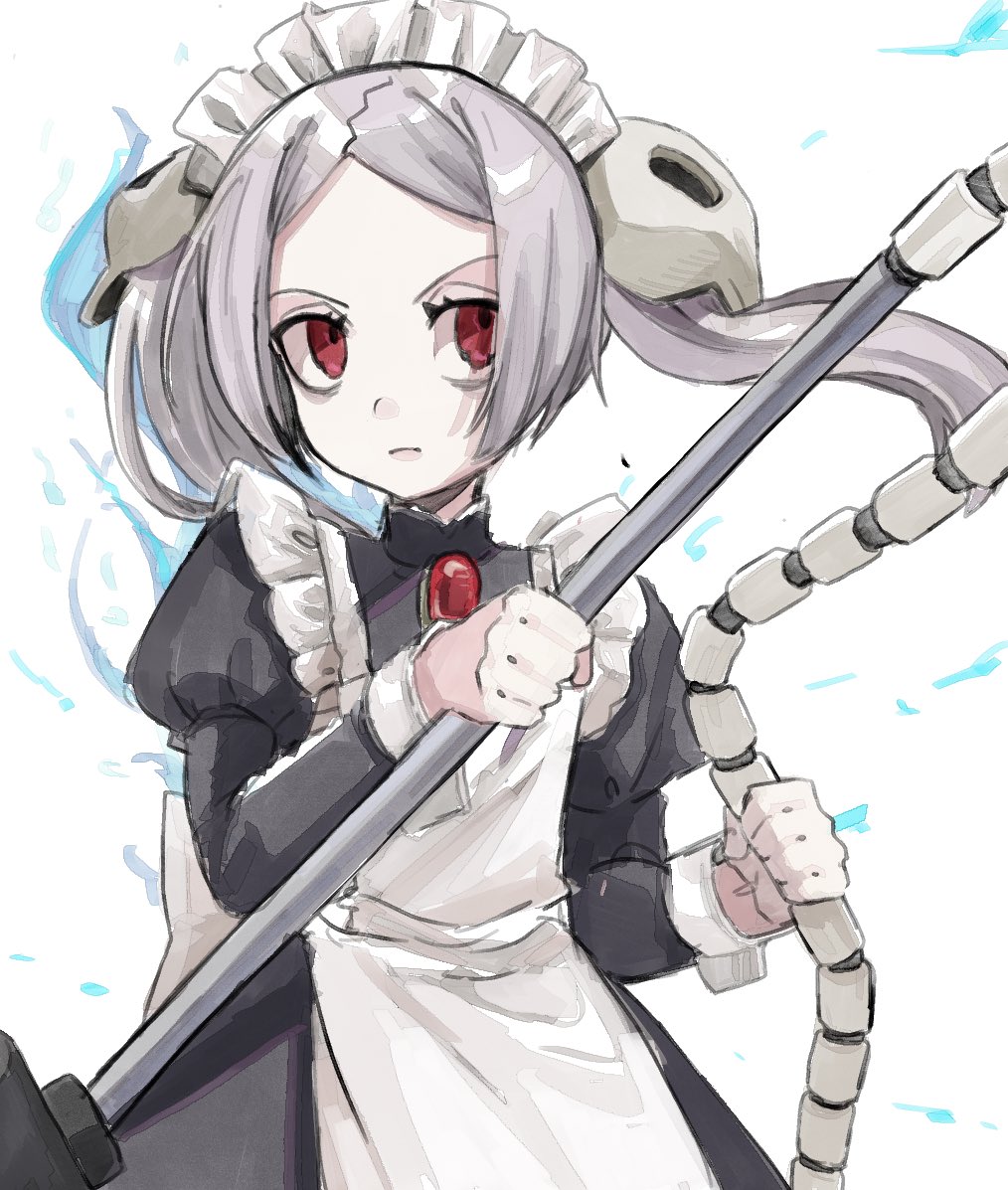 1girl apron bags_under_eyes bloody_marie_(skullgirls) brooch dress energy frilled_apron frills grey_hair hair_ornament jewelry juliet_sleeves long_sleeves looking_to_the_side maid_headdress puffy_sleeves red_eyes shimoya_k skull_hair_ornament skullgirls solo twintails upper_body vacuum_cleaner white_background
