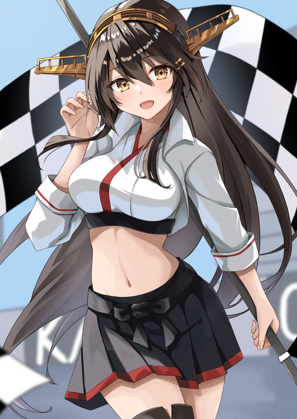1girl black_hair black_skirt breasts brown_eyes checkered_flag commission cropped_jacket flag gensoukitan hakama hakama_short_skirt hakama_skirt haruna_(kancolle) haruna_(race_queen)_(kancolle) headgear highres jacket japanese_clothes kantai_collection large_breasts long_hair looking_at_viewer midriff official_alternate_costume pleated_skirt race_queen skeb_commission skirt solo white_jacket