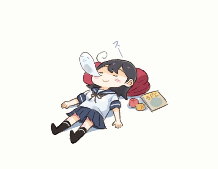 1girl ahoge black_hair black_socks blue_sailor_collar blue_skirt blush brown_neckwear brown_ribbon closed_eyes closed_mouth commentary_request kantai_collection katakana kneehighs long_hair lying pillow pleated_skirt ribbon saiguchi_otoufu sailor_collar school_uniform serafuku shirt short_sleeves simple_background skirt sleeping smile socks solo ushio_(kancolle) white_background white_shirt