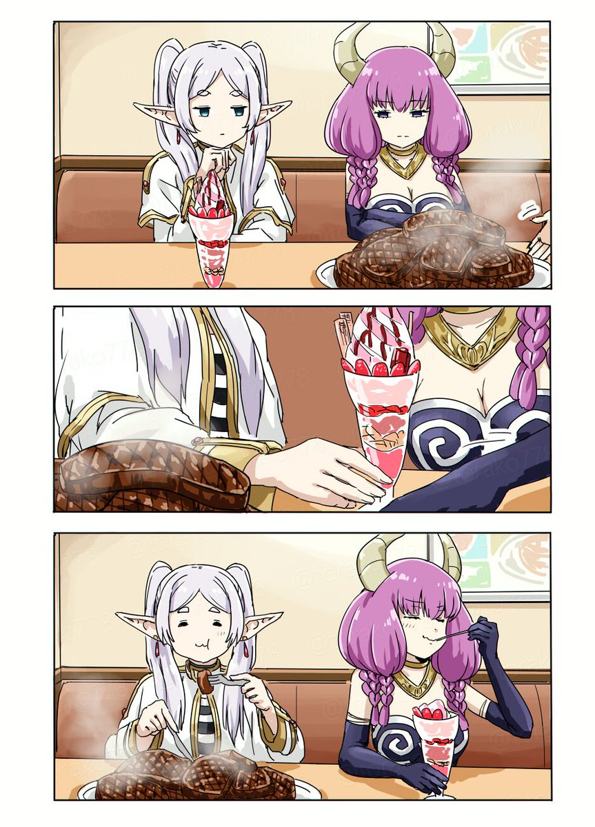 2girls aura_(sousou_no_frieren) black_gloves blue_eyes braid breasts capelet closed_mouth clothing_cutout demon_girl demon_horns dress earrings elbow_gloves elf floating_earrings frieren gloves gold_necklace green_eyes grey_hair highres holding horns jewelry long_hair long_sleeves low-braided_long_hair low-tied_long_hair meme multiple_braids multiple_girls navel_cutout necklace parted_bangs pink_hair pointy_ears purple_hair quad_braids simple_background smile sousou_no_frieren teardrop_earrings torako_(toramaru) twintails white_capelet white_hair