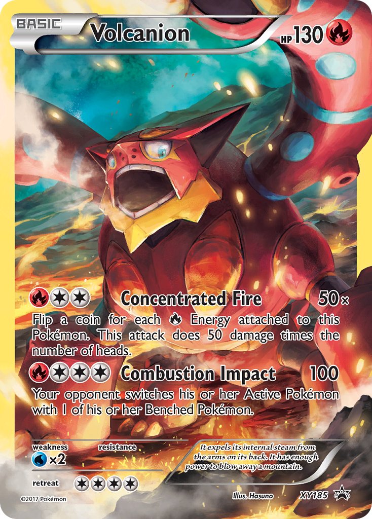 artist_name blue_eyes character_name copyright_name copyright_notice embers english_text gen_6_pokemon hasunokaeru lava legendary_pokemon mythical_pokemon nintendo no_humans official_art open_mouth pokemon pokemon_(creature) pokemon_card pokemon_focus pokemon_tcg solo steam teeth third-party_source trading_card volcanion