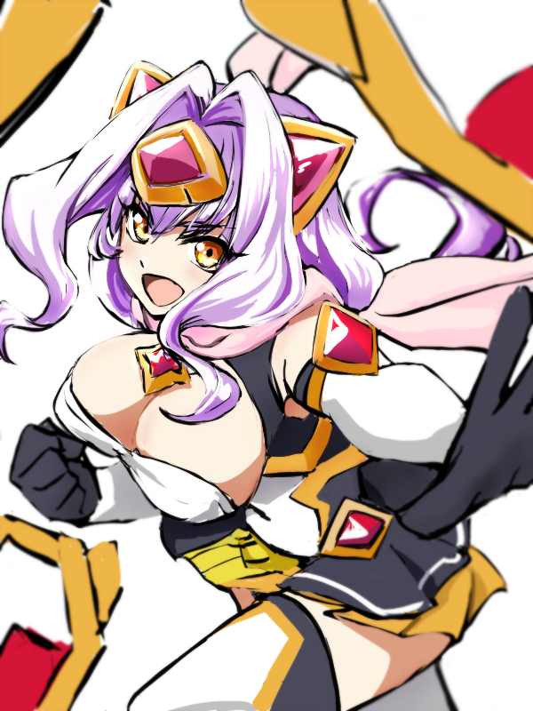 1girl :d azarin_(kouyoku_senki_exs-tia) black_gloves breasts cleavage clenched_hand elbow_gloves exs-tia_magica gem gloves hair_intakes headgear kouyoku_senki_exs-tia large_breasts long_hair looking_at_viewer marukakisuto open_mouth orange_eyes pink_scarf purple_hair scarf simple_background skirt smile solo thighhighs white_background white_gloves white_thighhighs yellow_eyes yellow_skirt zettai_ryouiki