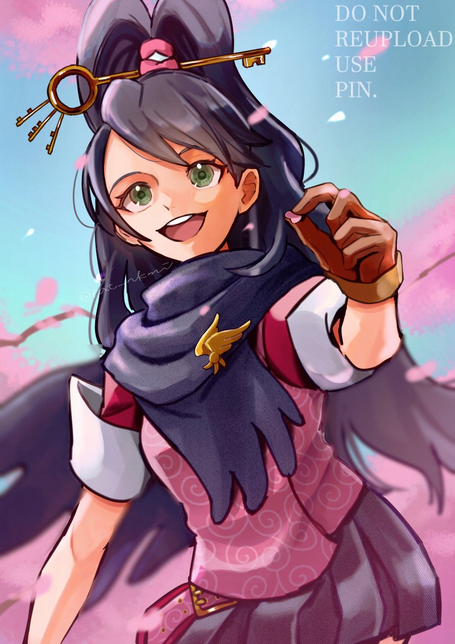 1girl :d ace_attorney ace_attorney_investigations black_hair black_skirt brown_gloves cherry_blossoms commentary gloves green_eyes high_ponytail highres holding holding_petal karakusa_(pattern) kay_faraday key_hair_ornament long_hair looking_at_viewer open_mouth petals pleated_skirt ponytail rat_nkmi scarf skirt smile solo symbol-only_commentary teeth upper_body upper_teeth_only very_long_hair