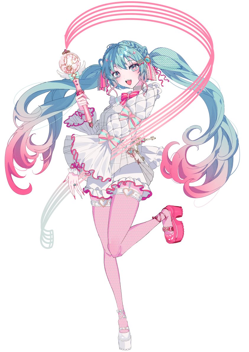 1girl aqua_hair commentary_request cute_x_subculture_hatsune_miku_design_contest dress fashion fishnet_pantyhose fishnets gradient_hair hatsune_miku holding holding_wand long_hair magical_girl miira_miira multicolored_hair pantyhose pink_hair pink_pantyhose simple_background solo standing standing_on_one_leg twintails vocaloid wand white_background white_dress