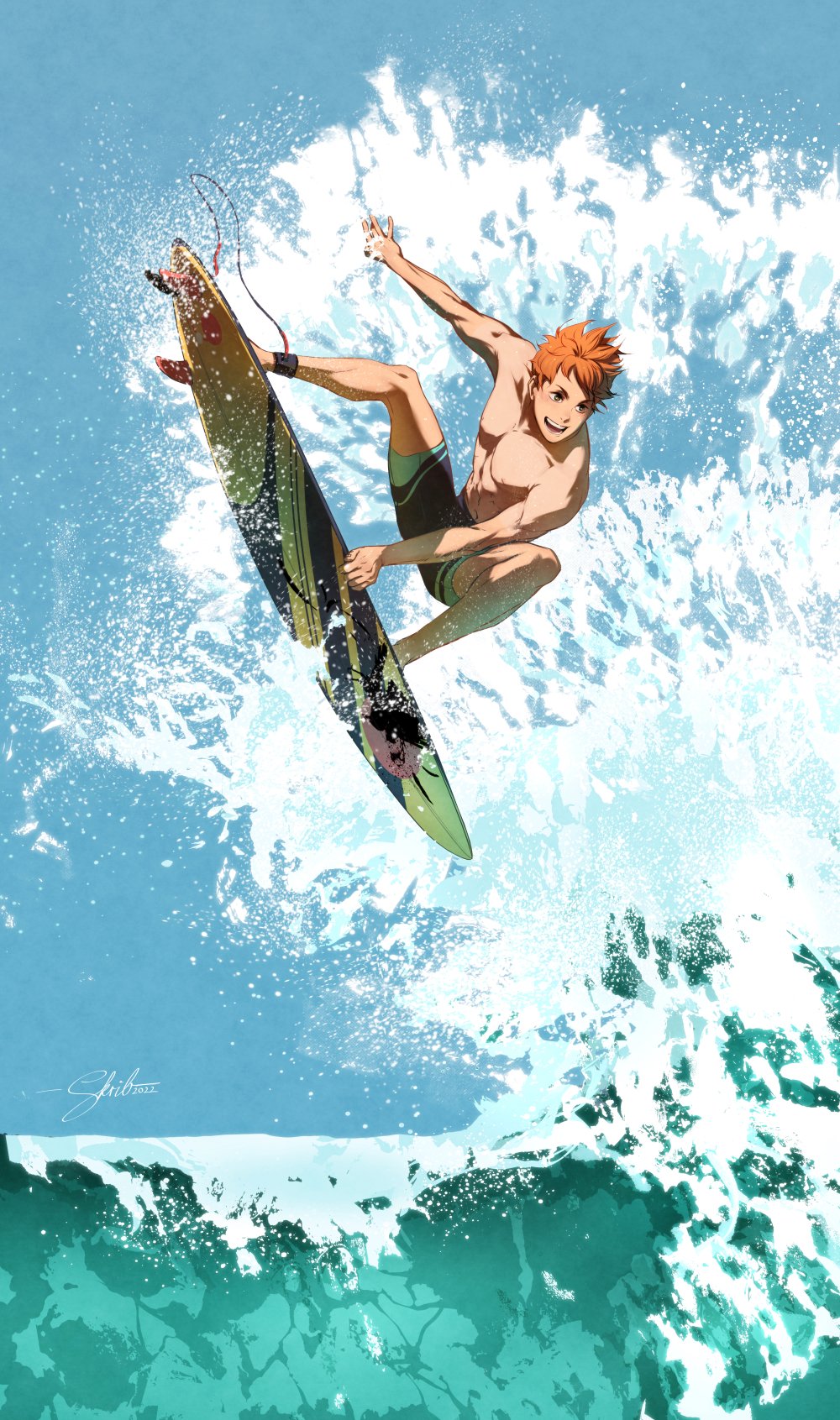 1boy abs black_jammers black_male_swimwear blue_sky brown_eyes full_body haikyuu!! highres hinata_shouyou jammers littleskrib male_focus male_swimwear muscular muscular_male non_porn orange_hair outdoors pectorals signature sky solo surfboard surfing swimsuit topless_male water waves