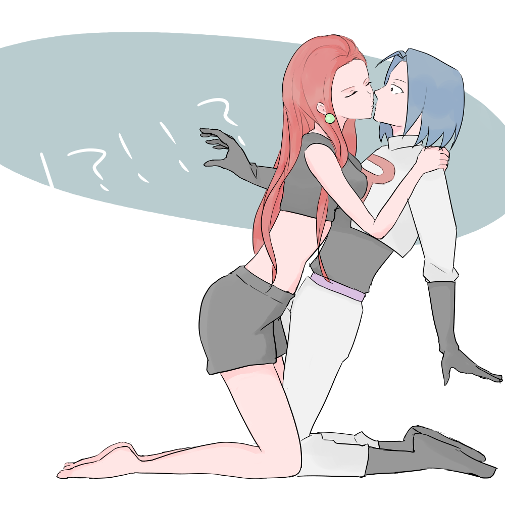 !? 1boy 1girl bare_legs black_gloves blue_hair blush closed_eyes creatures_(company) game_freak gloves james_(pokemon) jessie_(pokemon) kiss nintendo oomi_(omrice) pokemon pokemon_(anime) pokemon_(classic_anime) red_hair surprise_kiss surprised team_rocket team_rocket_uniform