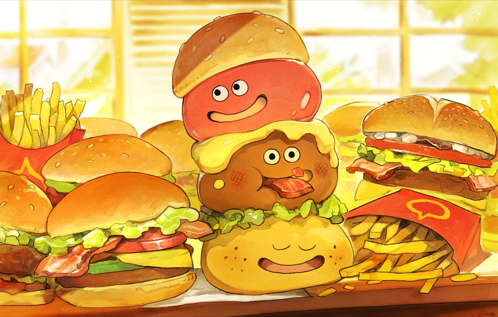bacon blurry blurry_background bread_bun burger character_request cheese closed_eyes commentary_request dragon_quest dragon_quest_monsters dragon_quest_monsters_3 eating food food_in_mouth food_on_face food_on_head freckles french_fries highres indoors lettuce linne_(hld_doreko) no_humans object_on_head open_mouth slime_(creature) slime_(dragon_quest) smile stack table tomato tomato_slice u_u window