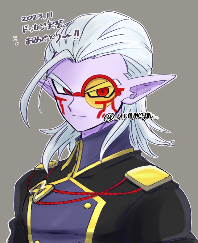 1boy 2023 buttons character_logo closed_mouth colored_skin commentary_request dated demon_boy double-breasted dragon_ball dragon_ball_heroes facial_mark fu_(dragon_ball) grey_background hair_slicked_back looking_at_viewer male_focus marking_on_cheek medium_hair mochigome_(urmmcgm) monocle official_alternate_costume pointy_ears purple_skin red-framed_eyewear red_eyes single_bang smile solo tinted_eyewear translation_request twitter_username upper_body yellow-tinted_eyewear