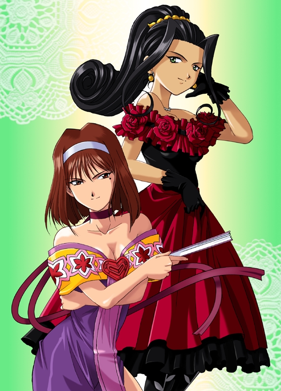 1990s_(style) bare_arms bare_shoulders black_gloves black_hair black_shirt blunt_ends bob_cut breasts brown_hair choker closed_mouth collarbone contrapposto cowboy_shot crossed_arms curly_bangs curly_ends dark-skinned_female dark_skin dress earrings feet_out_of_frame floral_print gloves gold_earrings gradient_background green_background green_eyes hair_intakes hairband hand_fan heart_ornament high_ponytail holding holding_fan jewelry kanzaki_sumire long_skirt looking_to_the_side medium_breasts mole mole_under_eye necklace non-web_source off-shoulder_dress off-shoulder_shirt off_shoulder official_art parted_bangs parted_lips pearl_necklace ponytail purple_dress red_ribbon red_skirt retro_artstyle ribbon ribbon_choker sakura_taisen sakura_taisen_ii sega shirt short_hair silver_necklace simple_background skirt skirt_hold smile soletta_orihime straight_hair strapless strapless_shirt tsurime white_hairband wispy_bangs yamaguchi_yasushi