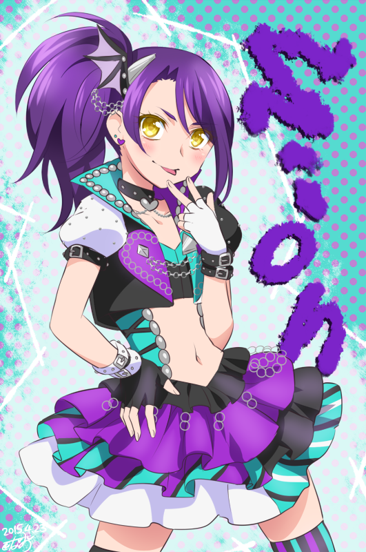0417nao black_choker blue_background character_name choker cowboy_shot fingerless_gloves gloves heart heart_choker idol_clothes looking_at_viewer navel polka_dot polka_dot_background pretty_series pripara puffy_short_sleeves puffy_sleeves purple_background purple_hair short_sleeves side_ponytail thighhighs tongue tongue_out toudou_shion v yellow_eyes