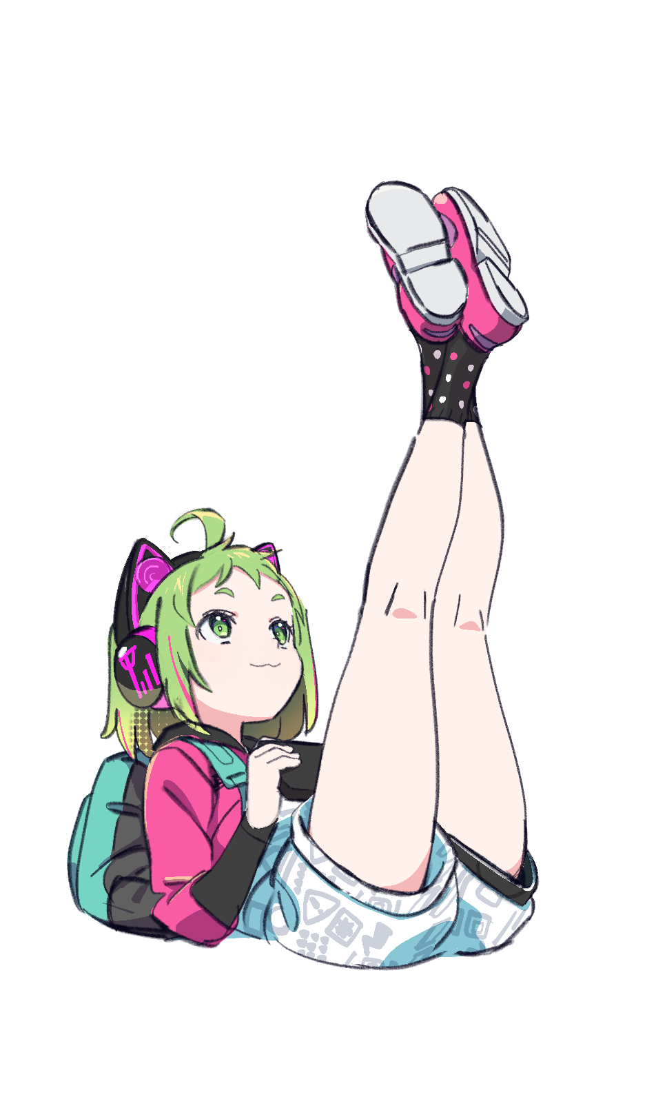 1girl :3 ahoge animal_ear_headphones animal_ears antenna_(dohna_dohna) backpack bag closed_mouth dohna_dohna_issho_ni_warui_koto_o_shiyou fake_animal_ears full_body green_eyes green_hair headphones highres holding jacket legs_up nnn-ollll pink_shoes polka_dot polka_dot_legwear shoes short_hair shorts simple_background sitting solo white_background