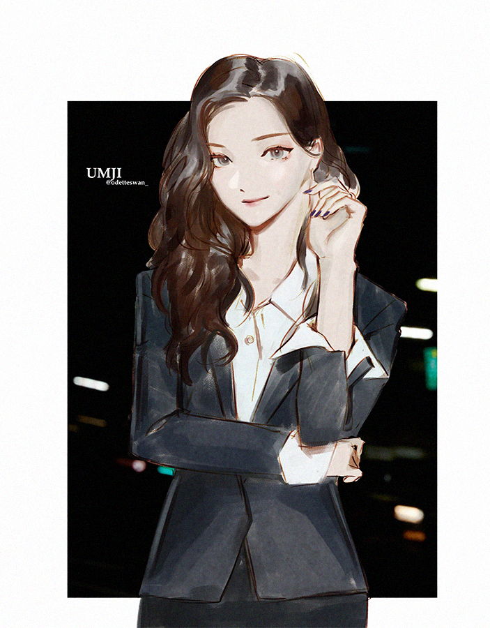 1girl adirosa artist_name_(singer) black_nails black_suit blue_eyes border brown_hair closed_mouth collared_shirt commentary cowboy_shot formal_clothes gfriend hashtag-only_commentary k-pop long_hair looking_at_viewer real_life shirt smile solo suit symbol-only_commentary twitter_username umji_(gfriend) white_border white_shirt