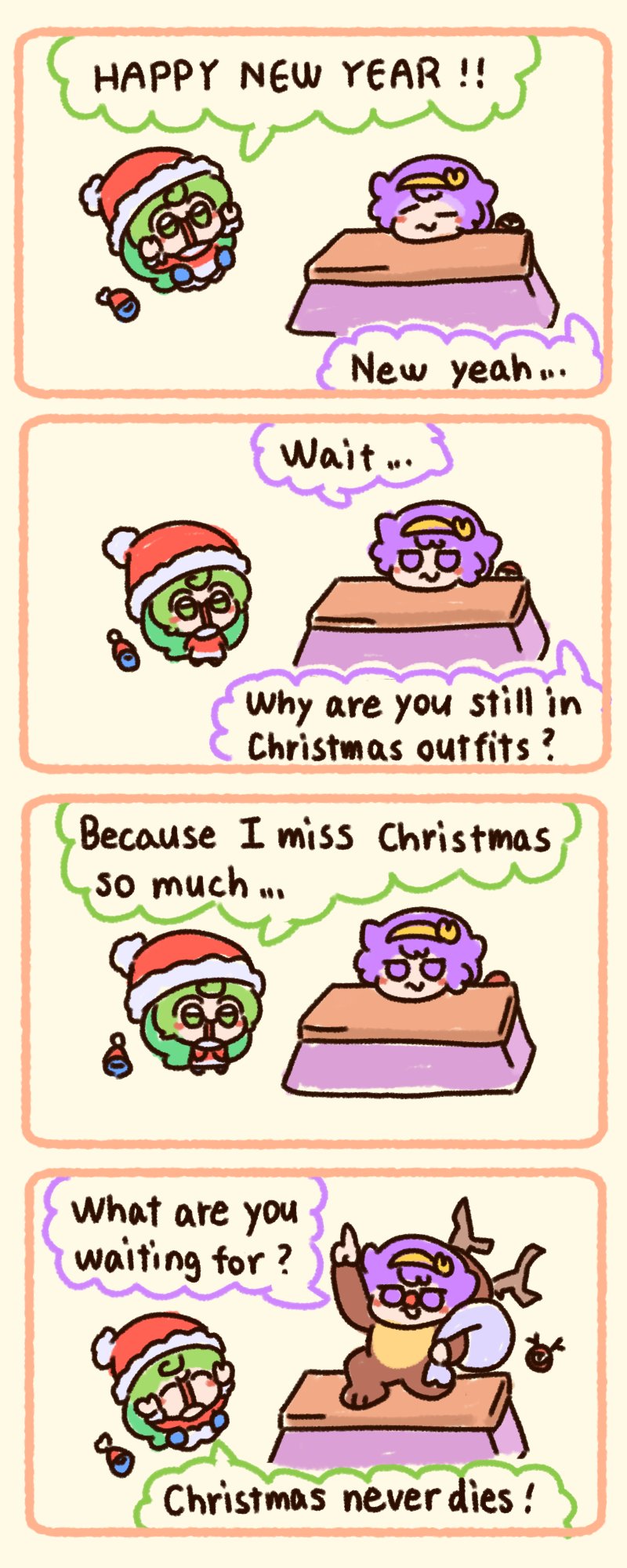 2girls 4koma animal_costume christmas comic commentary english_commentary english_text green_eyes green_hair hat highres komeiji_koishi komeiji_satori kotatsu multiple_girls new_year numenoko purple_eyes purple_hair red_headwear reindeer_costume santa_hat short_hair speech_bubble table tan_tan_pou touhou translation_request yellow_background