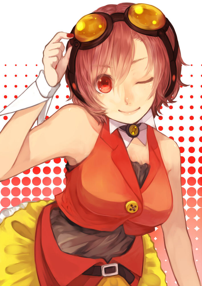 1girl bad_id bad_pixiv_id brown_hair cosplay female_focus goggles goggles_on_head gumi gumi_(cosplay) meiko_(vocaloid) oharu one_eye_closed red_eyes short_hair skirt smile solo vocaloid wink wrist_cuffs
