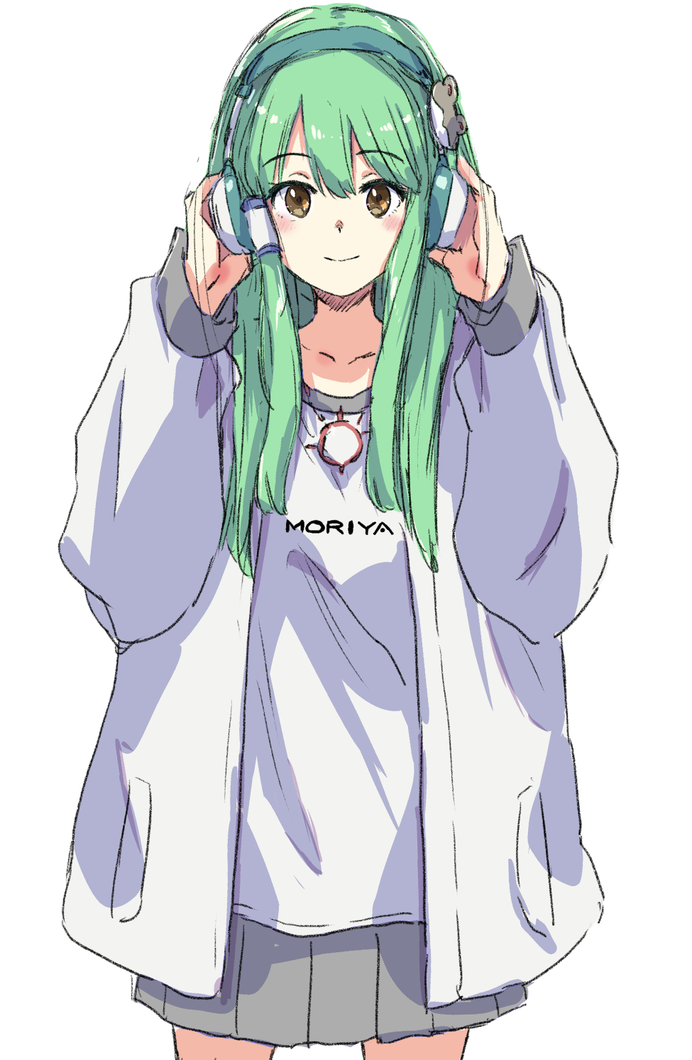 1girl alternate_costume blush_stickers casual closed_mouth collarbone contemporary facing_viewer frog_hair_ornament green_hair grey_skirt hair_ornament hair_tubes headphones highres holding holding_headphones jack_(wkm74959) jacket kochiya_sanae long_hair looking_at_viewer miniskirt pleated_skirt print_shirt shirt simple_background single_hair_tube skirt smile solo touhou upper_body white_background white_jacket white_shirt yellow_eyes