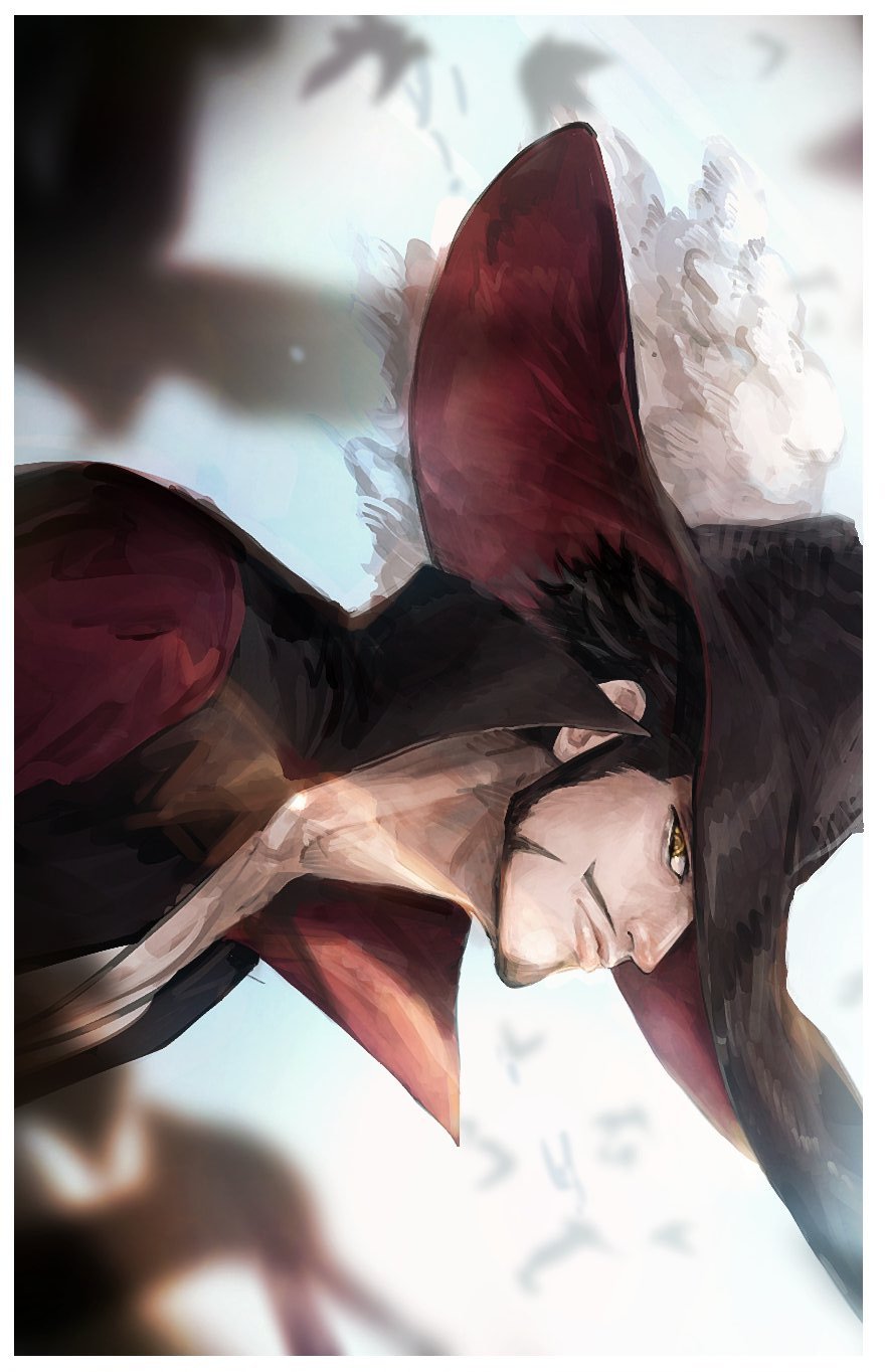 1boy 6cheetah beard black_hair dracule_mihawk facial_hair hat highres looking_at_viewer male_focus one_piece open_clothes profile short_hair sideways sideways_glance solo yellow_eyes