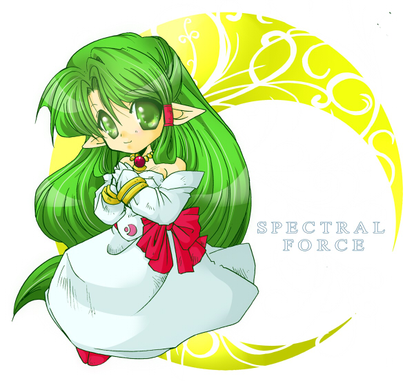 1girl azalea_(spectral_force) bare_shoulders bow bracelet chibi copyright_name crescent dress female_focus full_body gloves gradient_background green_eyes green_hair hair_tubes half_updo jewelry k-zu long_hair matching_hair/eyes pointy_ears red_bow sidelocks simple_background smile solo spectral_(series) spectral_force white_dress