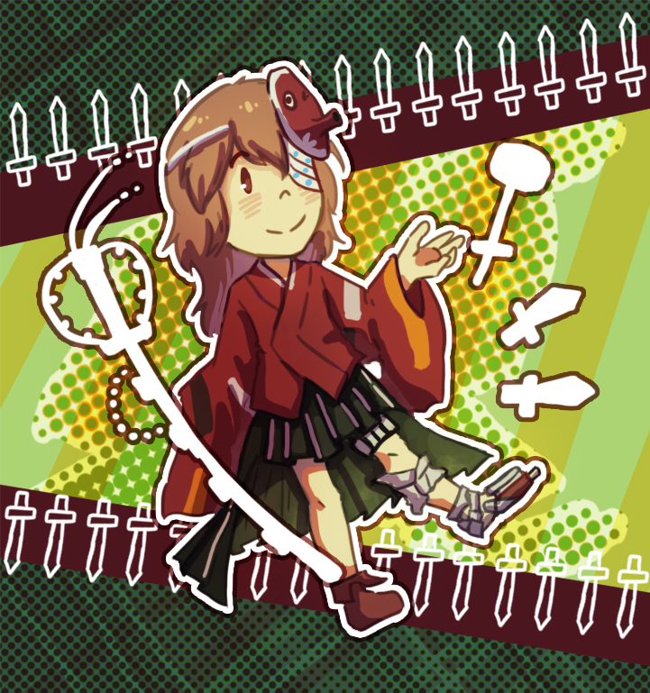 1other ametsukana_yago androgynous bandage_over_one_eye black_hakama black_skirt boots brown_boots brown_eyes brown_hair closed_mouth commentary dagger english_commentary full_body hakama hakama_short_skirt hakama_skirt hammer japanese_clothes kimono knife len&#039;en light_blush long_hair long_sleeves looking_ahead mask mask_on_head mechanical_legs mixed-language_commentary noh_mask other_focus polka_dot polka_dot_background red_kimono red_mask red_sleeves simple_background single_mechanical_leg skirt smile solo two-tone_background weapon wide_sleeves yamanoskk