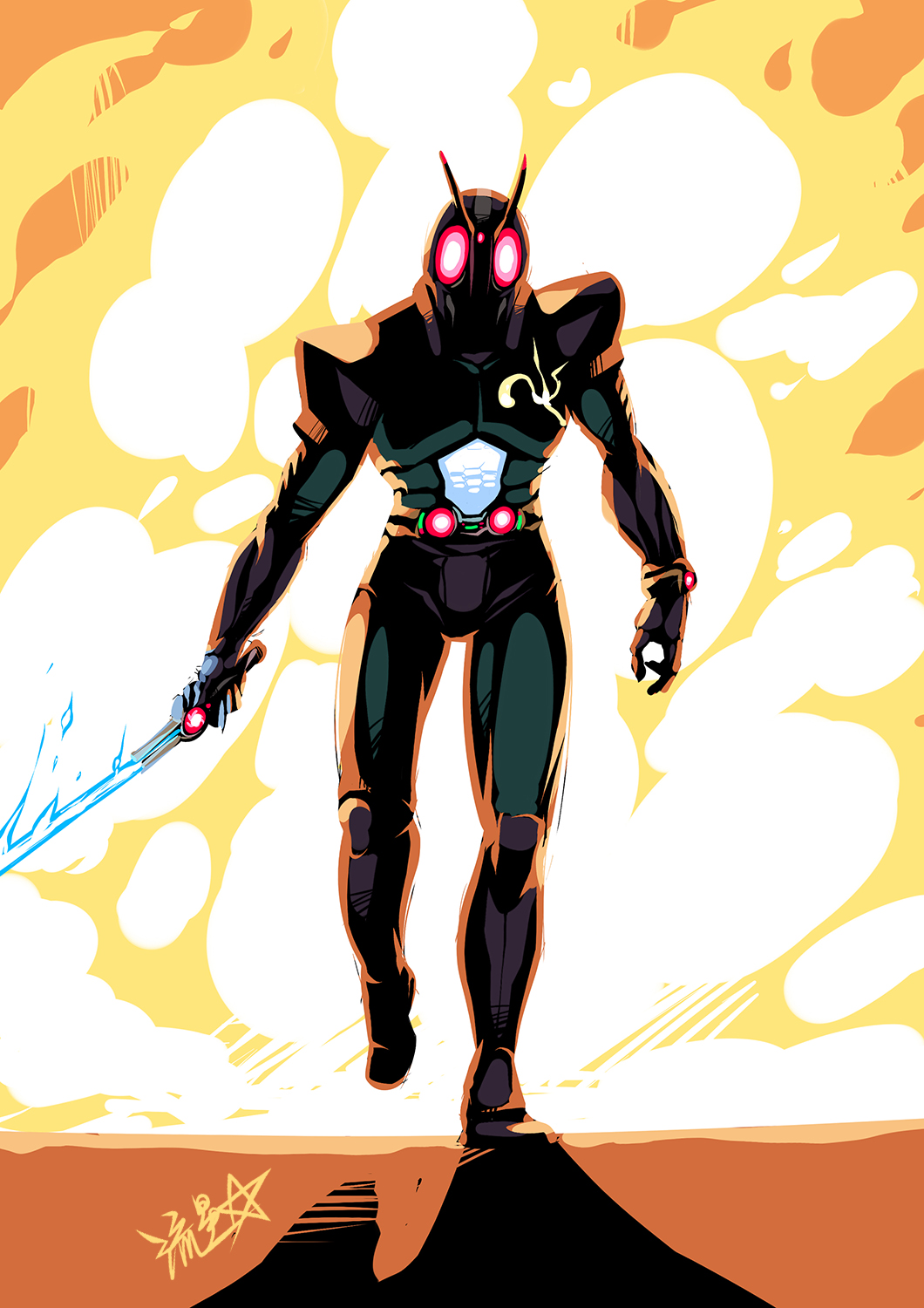 1boy armor energy_sword explosion full_body gauntlets helmet highres holding holding_sword holding_weapon kamen_rider kamen_rider_black_rx male_focus pauldrons ryuusei_(mark_ii) shoulder_armor solo sword walking weapon