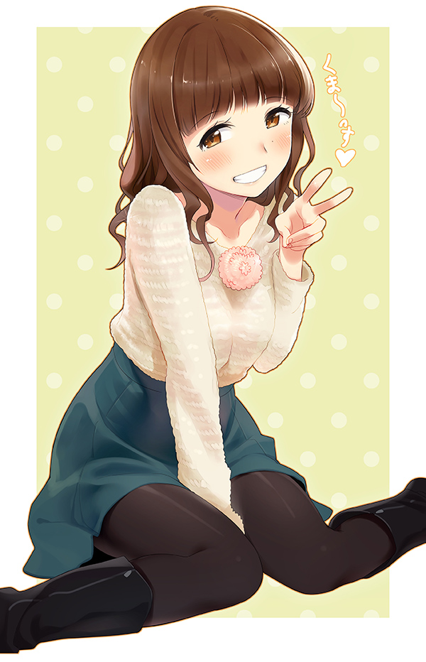 1girl between_legs black_pantyhose blush boots brown_eyes brown_hair collarbone female_focus grin hand_between_legs heart kakuma_ai long_hair looking_at_viewer pantyhose polka_dot polka_dot_background real_life sitting smile solo translation_request v voice_actor wariza zpolice
