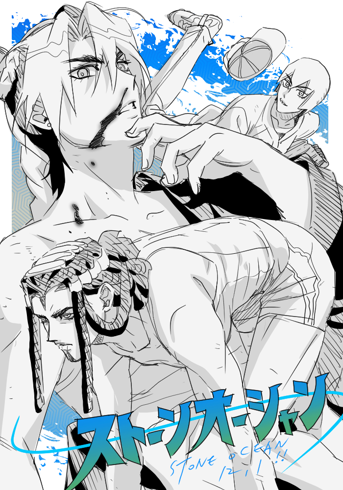 3girls baseball_cap baseball_glove baseball_uniform blood blue_background braid braided_ponytail bun_with_braided_base chest_sarashi commentary copyright_name double_bun dreadlocks ermes_costello foo_fighters_(jojo) forehead_tattoo greyscale_with_colored_background hair_bun hat jeonjin_(mynamebazin) jojo_no_kimyou_na_bouken kuujou_jolyne multicolored_hair multiple_girls nosebleed sarashi serious short_hair short_shorts shorts sportswear stone_ocean tank_top throwing two-tone_hair