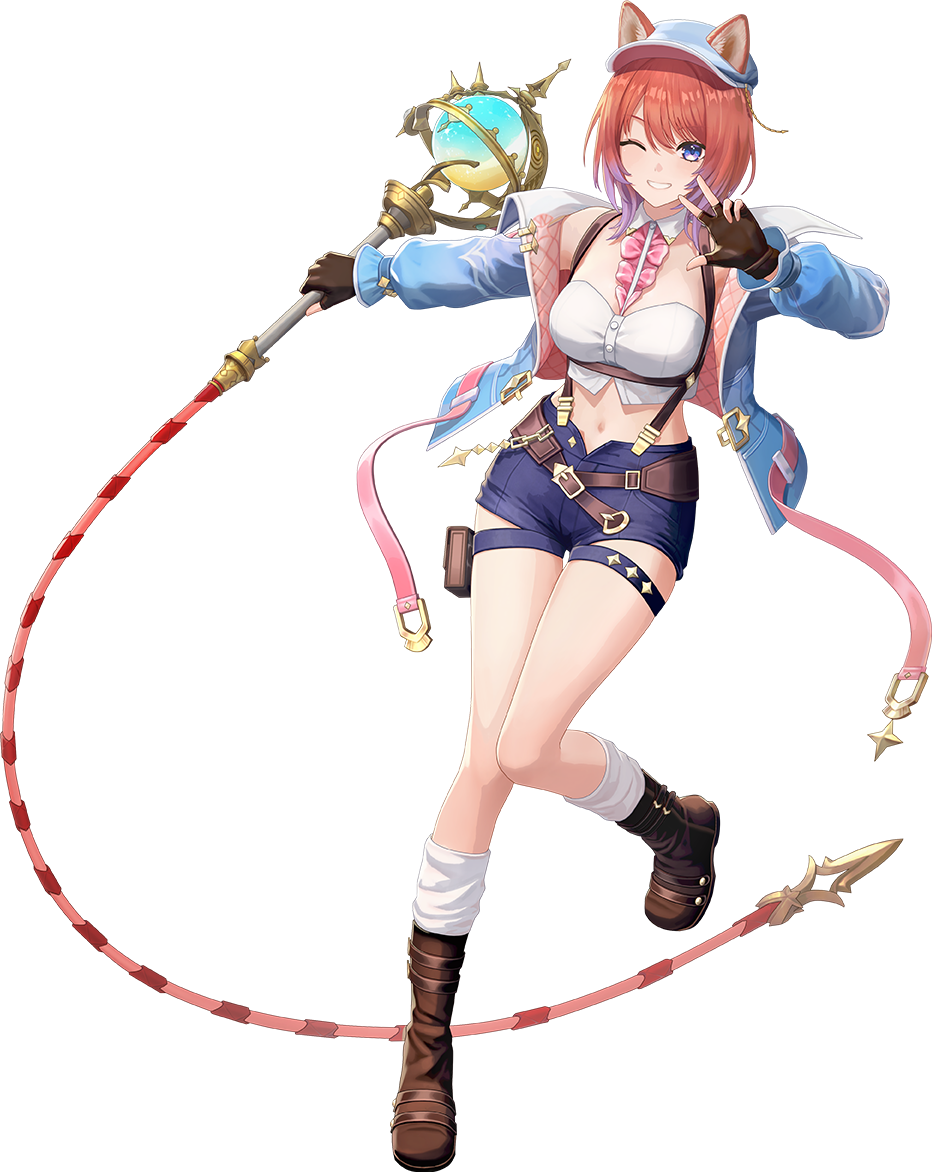 1girl 3d animal_ears atelier_(series) atelier_resleriana atelier_resleriana:_the_red_alchemist_&amp;_the_white_guardian black_gloves blue_hat blue_jacket blue_shorts boots brown_boots cat_ears cat_girl crop_top fingerless_gloves gloves hat holding holding_staff jacket midriff official_art one_eye_closed purple_eyes red_hair rias_eidreise shorts smile staff