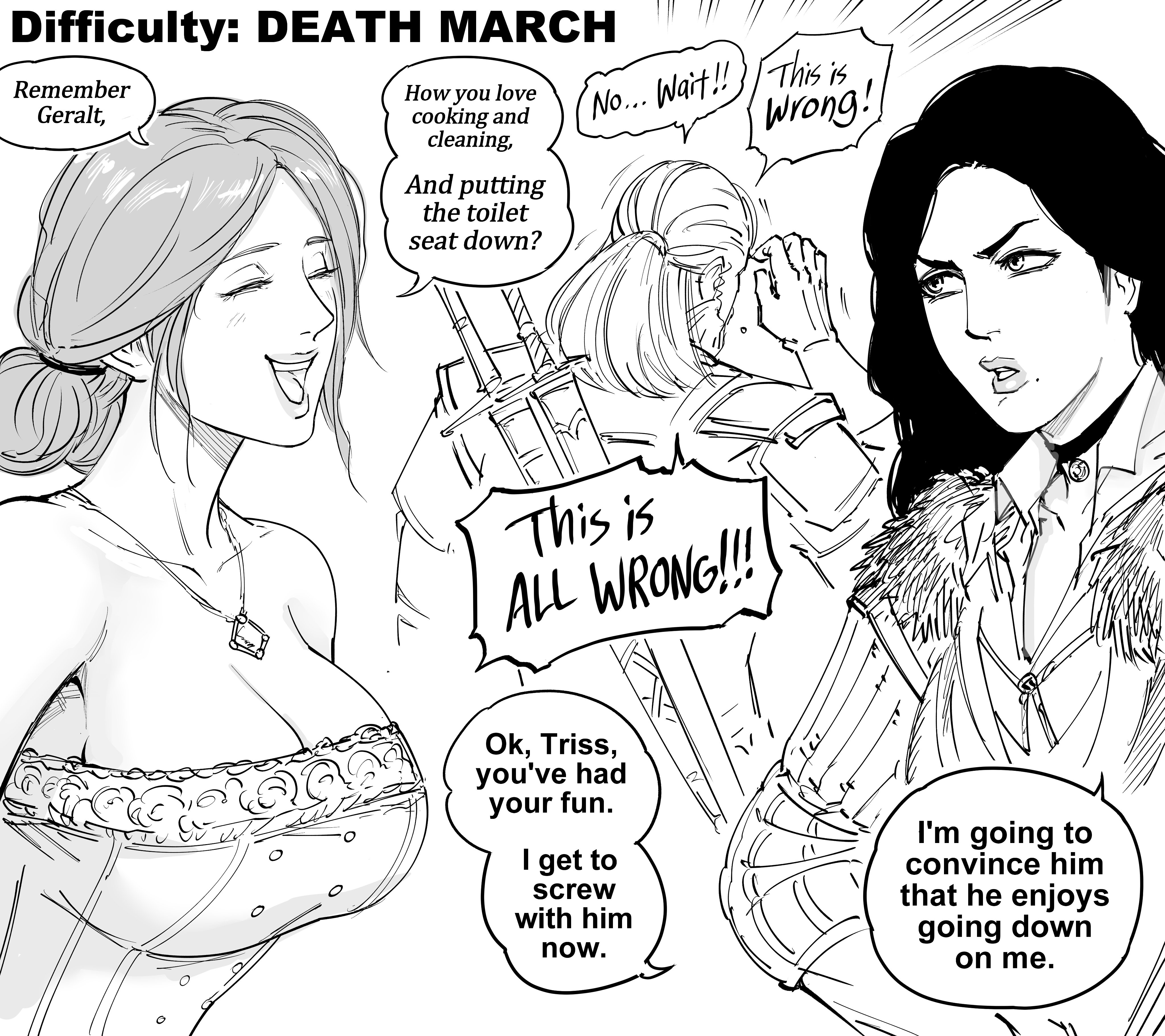 1boy 2girls absurdres bb_(baalbuddy) breasts cleavage english_text geralt_of_rivia greyscale hand_on_another&#039;s_shoulder highres looking_at_viewer medium_breasts monochrome multiple_girls scar scar_across_eye scar_on_face sheath sheathed speech_bubble sword the_witcher_(series) the_witcher_3 triss_merigold weapon yennefer_of_vengerberg