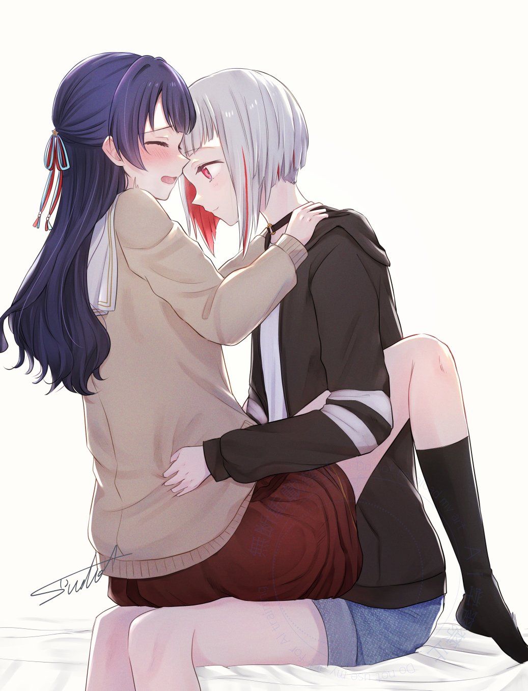 2girls artist_name black_choker black_jacket black_socks blue_hair blue_ribbon blue_shorts blush bob_cut brown_cardigan brown_dress cardigan choker closed_mouth commentary dollchestra dress hair_ornament hair_ribbon half_updo hasu_no_sora_school_uniform highres hood hooded_jacket inverted_bob jacket kneehighs link!_like!_love_live! long_sleeves looking_at_another love_live! multicolored_hair multiple_girls murano_sayaka no_shoes o-ring o-ring_choker open_clothes open_jacket open_mouth profile red_hair red_ribbon ribbon sailor_collar school_uniform shirt short_hair short_shorts shorts signature simple_background sitting sitting_on_lap sitting_on_person socks star_(symbol) star_hair_ornament straddling streaked_hair suito symbol-only_commentary upright_straddle virtual_youtuber white_background white_hair white_sailor_collar white_shirt winter_uniform yugiri_tsuzuri yugiri_tsuzuri_(summer_loungewear) yuri