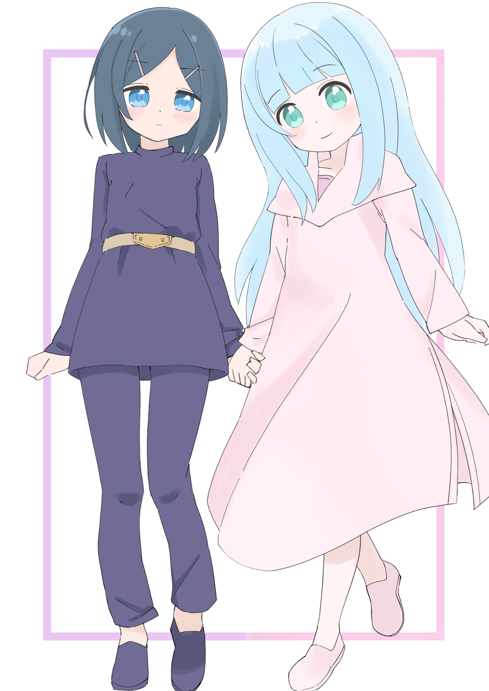 2girls belle_(dungeon_people) blue_eyes blue_hair blush clay_(dungeon_people) closed_mouth dungeon_people eyebrows_hidden_by_hair flat_chest full_body green_eyes grey_hair highres holding_hands long_hair looking_at_viewer multiple_girls pants pink_robe pink_shoes purple_footwear purple_pants purple_shirt robe shirt shoes short_hair simple_background smile white_background yamadin yuri