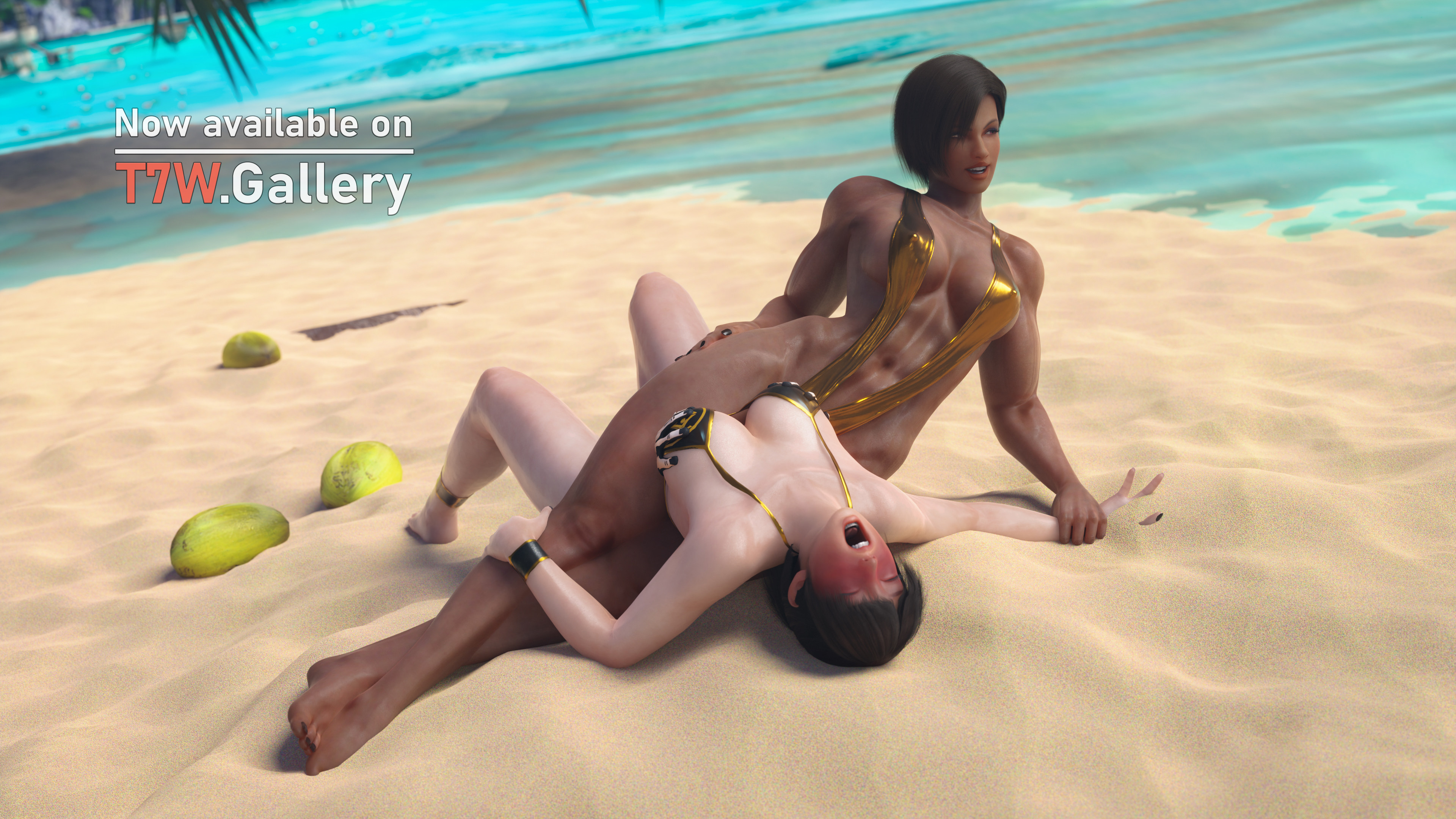 2girls 3d absurdres beach bikini black_nail_polish black_nails breasts brown_hair dark-skinned_female dark_skin dead_or_alive feet hand_on_thigh highres large_breasts leg_lock legs lei_fang lisa_hamilton multiple_girls muscular muscular_female nao_(pixiv_5120470) ocean restrained sand short_hair side_boobs slingshot_swimsuit swimsuit team_ninja tecmo tekken7wallpapers thighs trapped bikini water watercraft wrestling