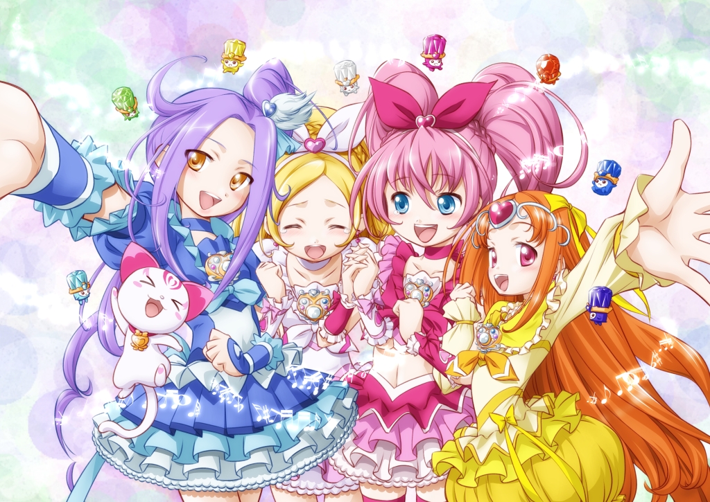 10s 4girls blue_skirt bow choker cpro cure_beat cure_melody cure_muse cure_muse_(yellow) cure_rhythm dodory dory fary houjou_hibiki hummy_(suite_precure) kurokawa_eren lary magical_girl minamino_kanade miry multiple_girls pink_bow precure rery seiren_(suite_precure) shirabe_ako skirt sory suite_precure tiry white_choker yellow_bow