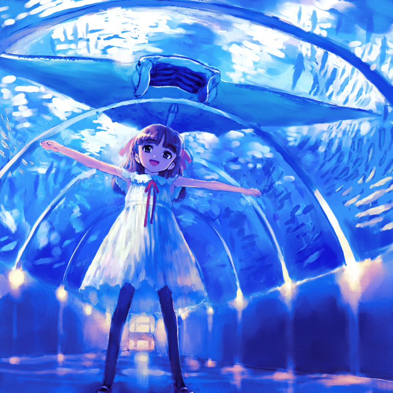 1girl :d aquarium black_pantyhose blue_theme blurry child depth_of_field dress female_focus fish full_body garter_belt hair_ribbon happy imitating indoors looking_at_viewer manta_ray neckerchief open_mouth original outstretched_arms pantyhose red_neckerchief remora ribbon sasahara_yuuki smile solo spread_arms standing thighhighs tunnel underwater wall_lamp