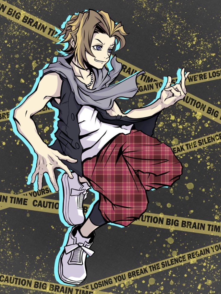 1boy black_vest blue_eyes brown_hair caution_tape choker furesawa_tosai grey_scarf jewelry male_focus multicolored_hair necklace pants pearl_necklace plaid_clothes plaid_pants red_pants scarf shin_subarashiki_kono_sekai shirt smile solo solo_focus streaked_hair subarashiki_kono_sekai undercut vest white_footwear white_shirt