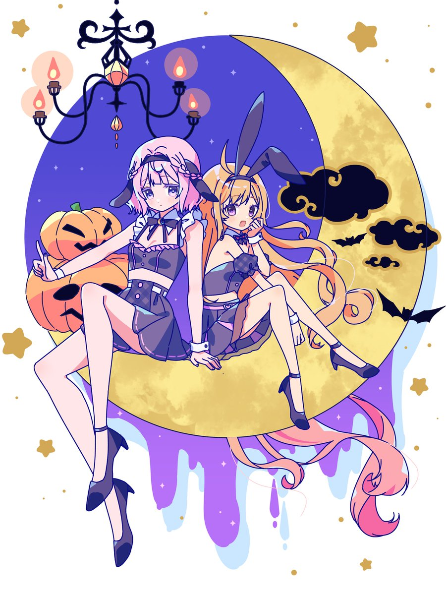 2girls :d absurdly_long_hair ahoge alternate_costume animal_ear_hairband animal_ears belt black_footwear black_shirt black_skirt blonde_hair chandelier closed_mouth colored_eyelashes crescent_moon detached_collar fake_animal_ears gradient_hair hairband high_heels highres jack-o&#039;-lantern long_hair magia_record:_mahou_shoujo_madoka_magica_gaiden magical_girl mahou_shoujo_madoka_magica mai_akari moon multicolored_hair multiple_girls neck_ribbon on_crescent open_mouth pink_belt pink_hair purple_eyes rabbit_ears ribbon ruru_(rurumagi) shirt sitting skirt smile star_(symbol) very_long_hair white_background wrist_cuffs yura_hotaru