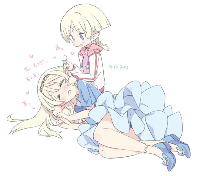 2girls =_= blade_(galaxist) blonde_hair blue_eyes blue_skirt blush braid circlet ear_cleaning elf full_body high_heels juno_bernal kris_bernal lap_pillow long_hair mimikaki multiple_girls open_mouth pointy_ears pop-up_story siblings simple_background sisters skirt smile twin_braids white_background