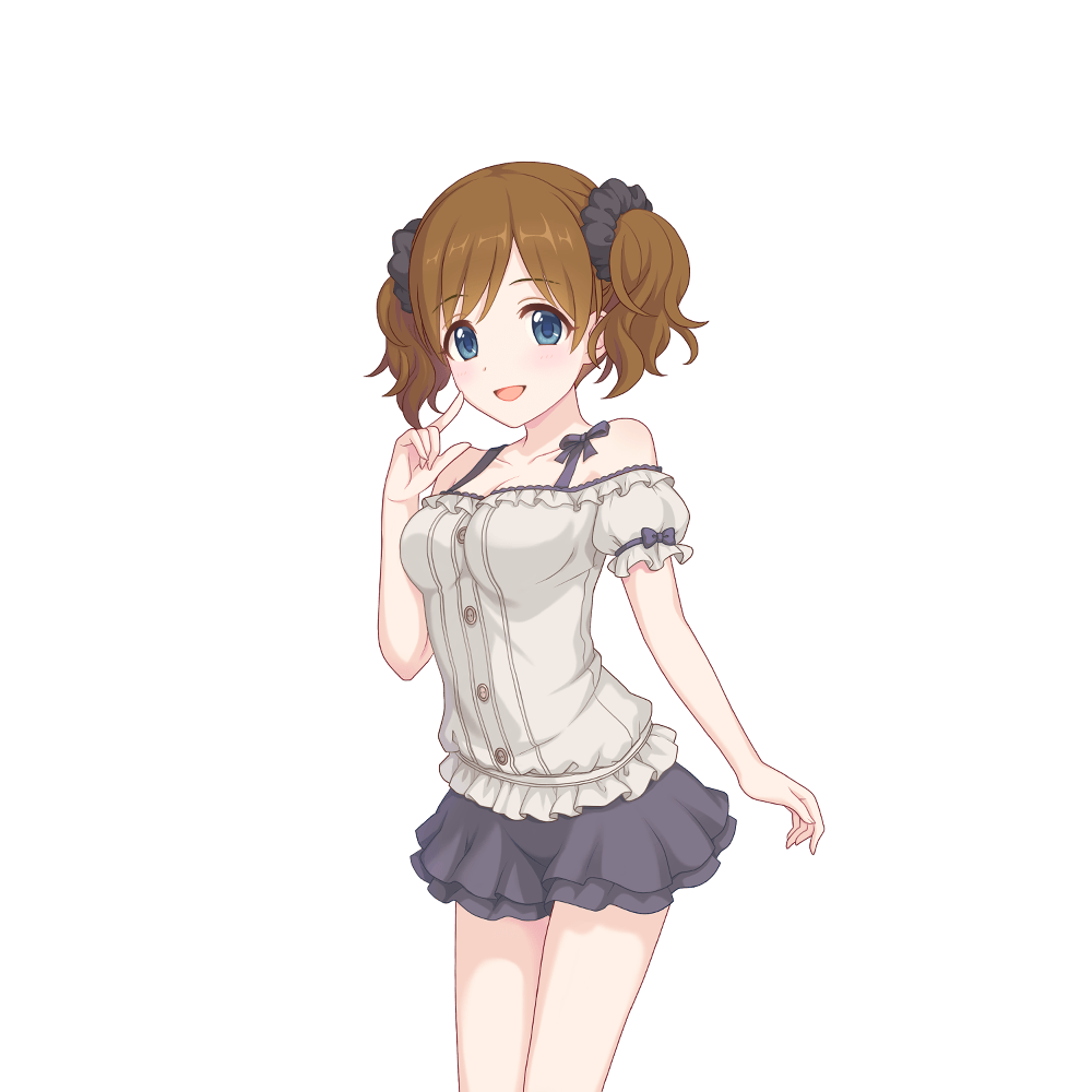 1girl akari_(princess_connect!) akari_(real)_(princess_connect!) black_skirt brown_hair grey_shirt hair_tie medium_hair miniskirt official_art princess_connect! shirt skirt tachi-e transparent_background
