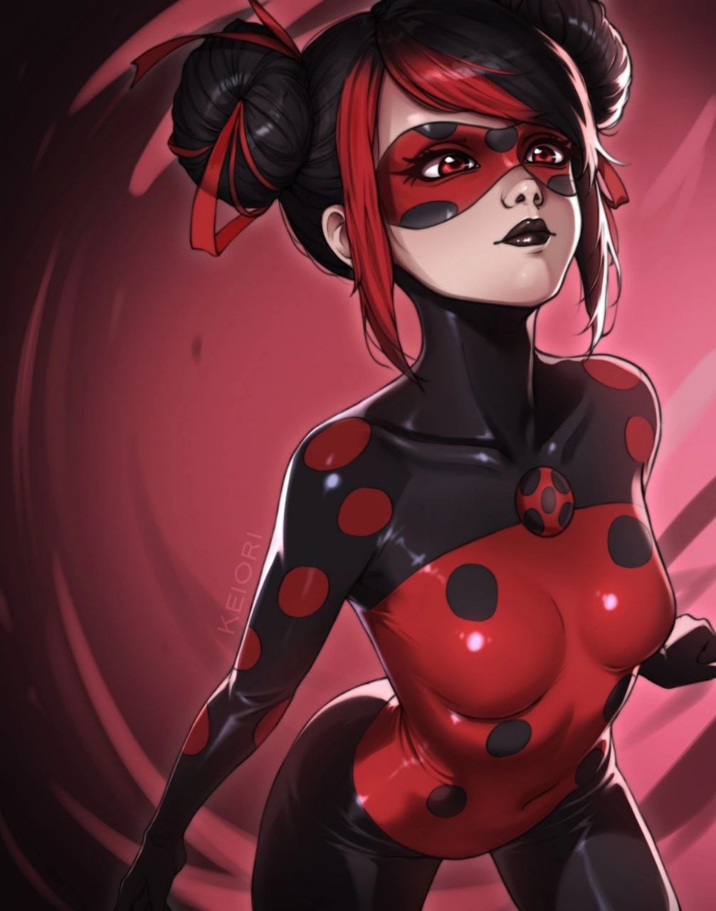 1girl black_hair bodysuit double_bun hair_bun highres keiori_(keiorix) marinette_dupain-cheng mask miraculous_ladybug red_eyes shadybug