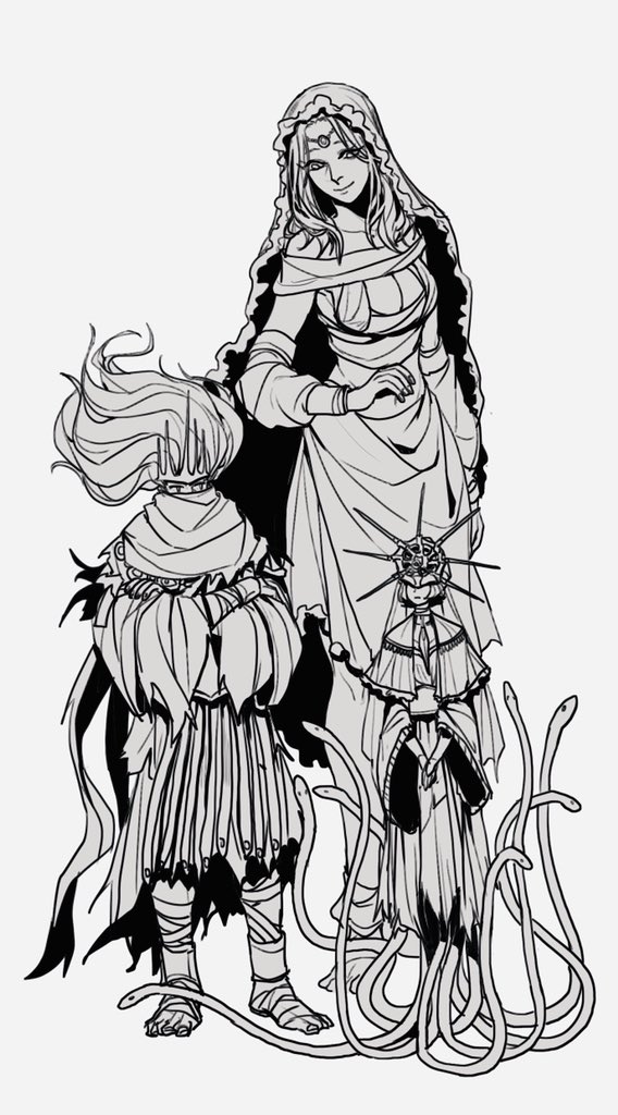 1girl 2boys bandaged_foot bandages breasts cape cleavage collarbone commentary crossed_arms crown dark_souls_(series) dark_souls_i dark_souls_iii dark_sun_gwyndolin detached_sleeves dress forehead_jewel full_body long_hair looking_at_another looking_to_the_side medium_breasts monochrome multiple_boys nameless_king neckerchief own_hands_together queen_of_sunlight_gwynevere short_hair simple_background smile snake standing symbol-only_commentary tworain_w veil white_background
