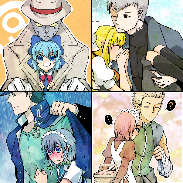 4boys 4girls ? air_(visual_novel) arm_wrap big_bang_beat black_skin blonde_hair blue_bow blue_eyes blue_hair blush bow braid brown_hat carrying chain circled_9 cirno closed_eyes coat colored_skin crossover dai_(series) daibanchou gakuran grey_hair hair_bow hat height_difference hisui_(tsukihime) izayoi_sakuya jacket jacket_on_shoulders jojo_no_kimyou_na_bouken kamio_misuzu kuroneko_(44yen) kuujou_joutarou m.u.g.e.n maid maid_headdress melty_blood multiple_boys multiple_crossover multiple_girls nrvnqsr_chaos princess_carry q_(street_fighter) rain school_uniform smile spoken_question_mark stardust_crusaders touhou trench_coat tsukihime twin_braids yamamoto_burai