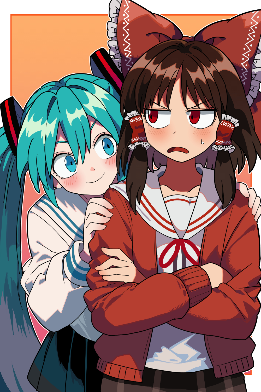 2girls aqua_eyes aqua_hair black_skirt blush bollzzalguy bow brown_hair closed_mouth crossed_arms frilled_bow frilled_hair_tubes frills frown hair_ornament hair_tubes hakurei_reimu hands_on_another&#039;s_shoulders hashtag-only_commentary hatsune_miku highres jacket long_hair long_sleeves medium_hair multiple_girls neck_ribbon open_mouth orange_background pleated_skirt project_sekai red_bow red_eyes red_jacket red_ribbon ribbon sailor_collar skirt smile sweatdrop touhou twintails upper_body v-shaped_eyebrows very_long_hair vocaloid white_jacket