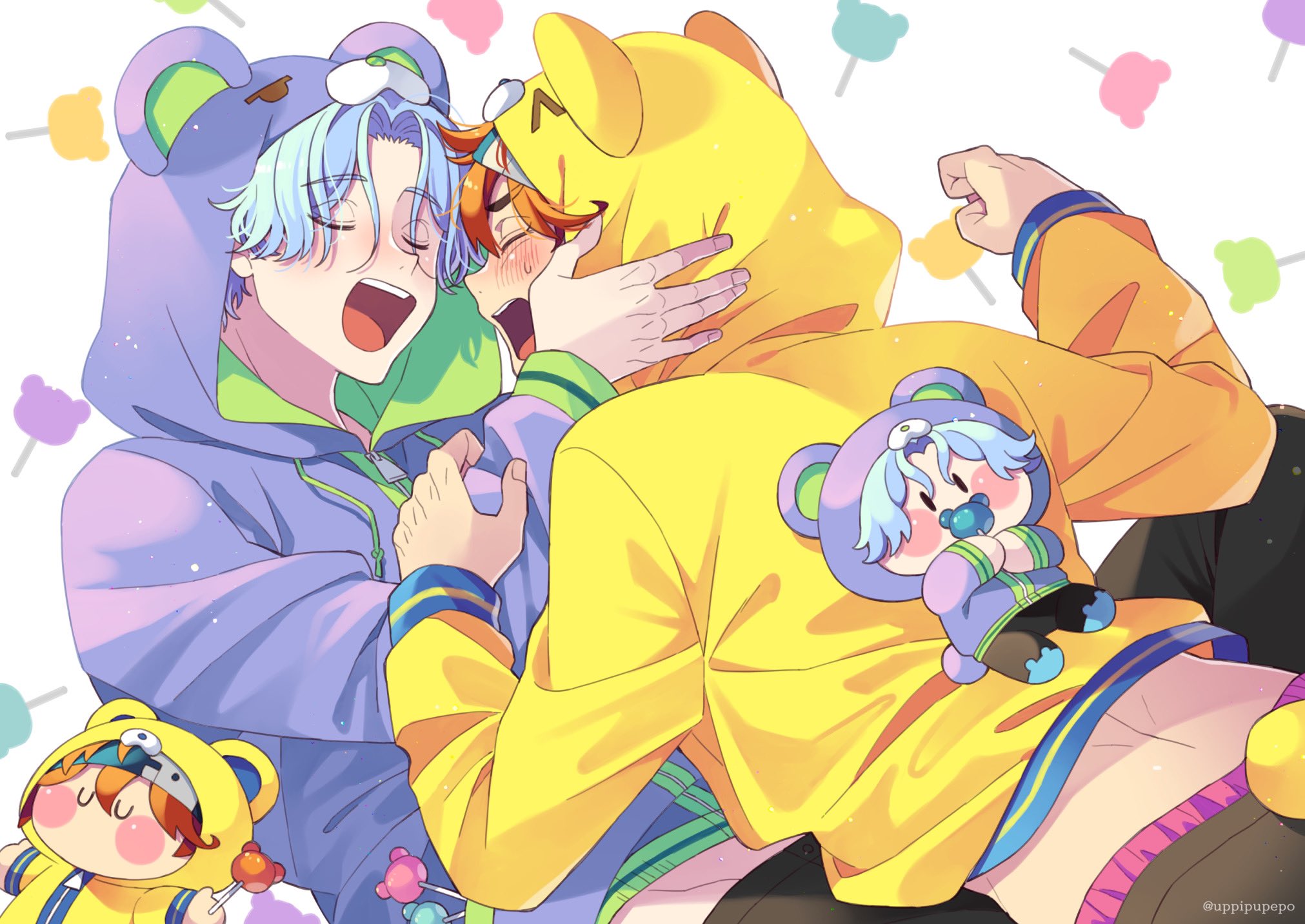 2boys animal_ear_hood animal_ears animal_hood back bear_ears bear_hood black_pants blue_hair blush candy closed_eyes fake_animal_ears food hasegawa_langa headband highres hood hoodie kyan_reki lollipop long_sleeves male_focus male_underwear midriff multiple_boys open_clothes open_mouth open_shirt pants pink_male_underwear purple_hoodie sk8_the_infinity underwear uppi yellow_hoodie