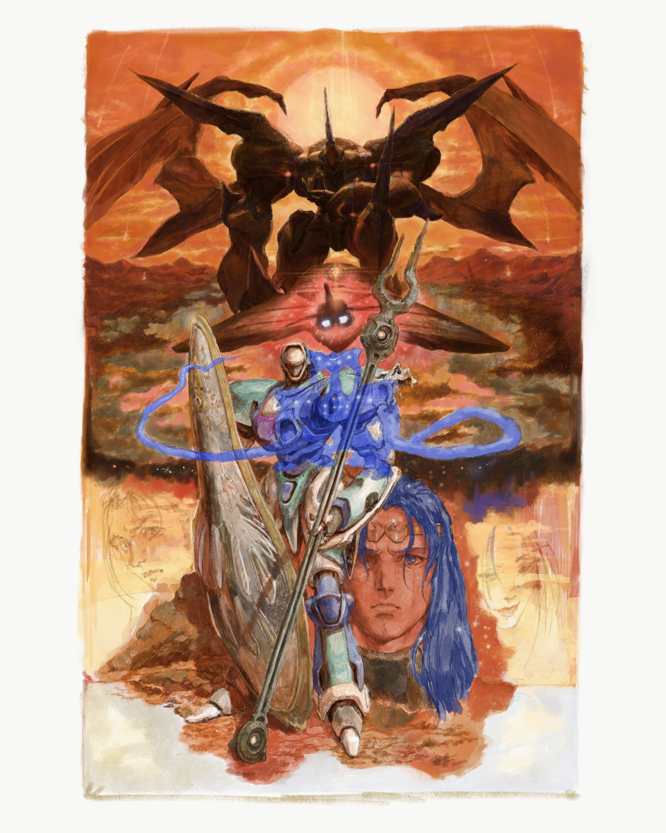 1girl 2boys blue_hair border character_request circlet commentary_request highres holding holding_polearm holding_weapon kneeling kosibahara krelian_(xenogears) long_hair mecha miang_hawwa multiple_boys original_weltall polearm robot spear spoilers weapon white_border xenogears